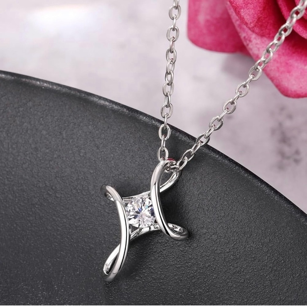 Curved Cross Silver Necklace with CZ Pendant
